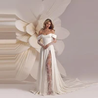 Elegant Appliques Wedding Dresses Off Shoulder A Line Woman's Sexy Bride Gowns Illusion Long Sleeve Split Vestidos Customized 1
