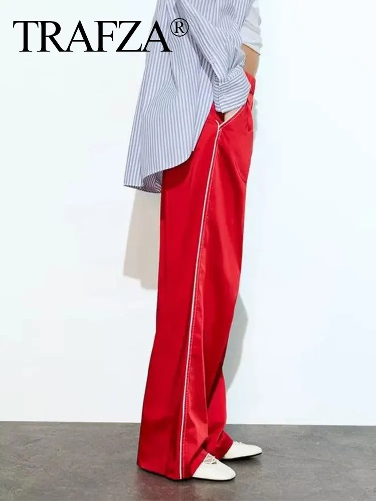 TRAFZA Women Fashion Trousers Hem Side Zipper Straight Pant Drawstring Elastic Waist Loose Wide Leg Pants Fashion Streetwear