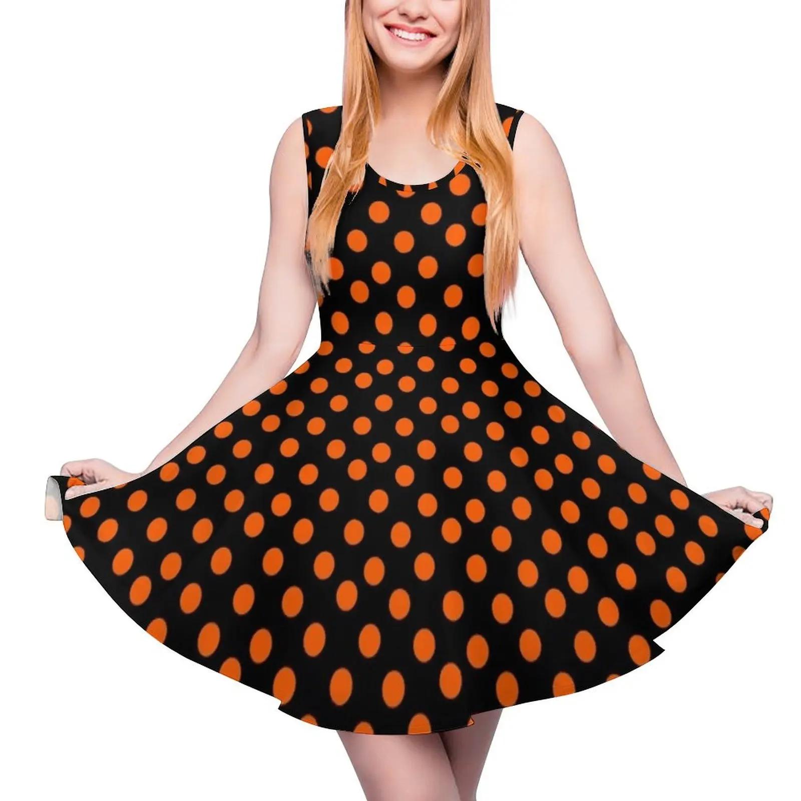 Orange on Black Polka Dots Sleeveless Dress Womens summer suit chic and elegant woman dress sexy dress for women Party dresses