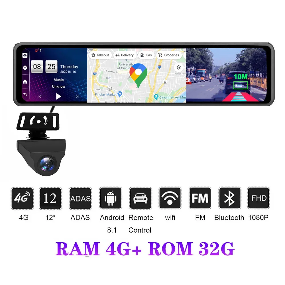 HGDO 12" 4G LTE Car Rear View Mirror Camera Android GPS Navigation ADAS Dual Dash Cam 1080P Video Recorder Night Vision DVR