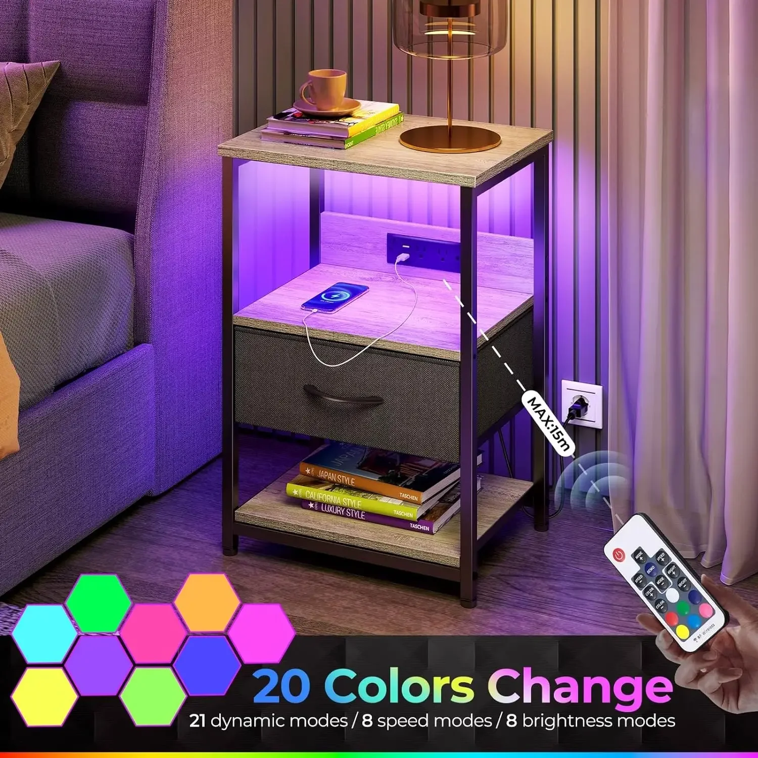 Nightstand Charging Station LED Bedside Table Adjustable Fabric Drawer Night Stand Storage 3-Tier