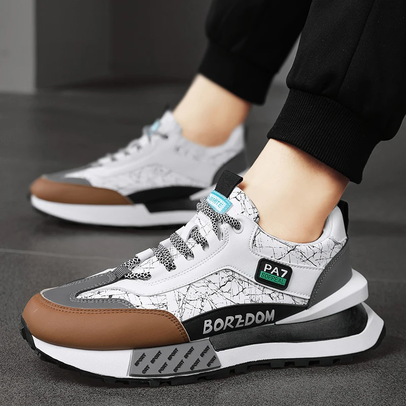 

Кроссовки мужские кожаные, Вулканизированная подошва, Повседневная модная обувь для бега, осень