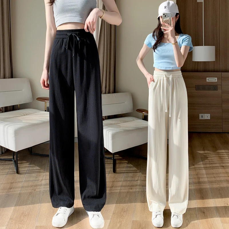 Casual Solid Loose Straight Women's Pants 2022 Summer Ice Silk Elastic High Waist Girl Trousers Drawstring Wide Leg Pants Femme