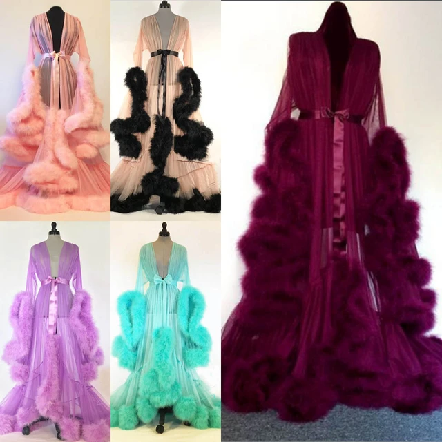 Women Dress Fashion Gown Mesh Fur Sleepwear Nightdress Nightgrown
