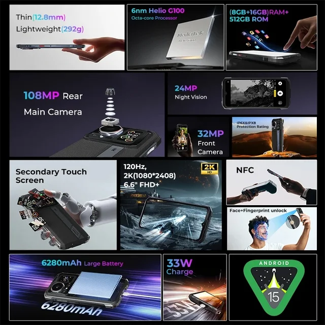 HOTWAV Cyber 16 Pro G100 هاتف متين 6.6 بوصة FHD + 120 هرتز عرض 108 ميجابكسل الهاتف المحمول أندرويد 15 8 جيجابايت 512 جيجابايت 6280 مللي أمبير 33 واط سريع الهاتف المحمول 2