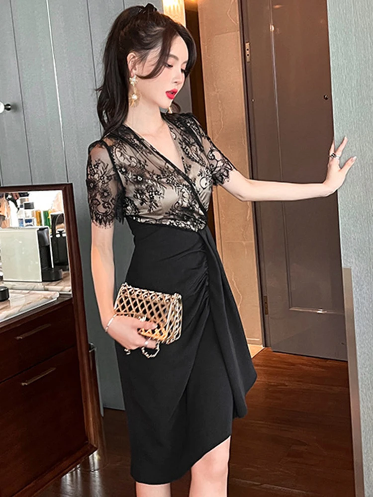 Vintage Midi Women's Dress Urban Elegant Quality Feminine Black Lace Hook  Flowers Pleated Gown Club Party Feast Vestidos Mujer - AliExpress 200000345