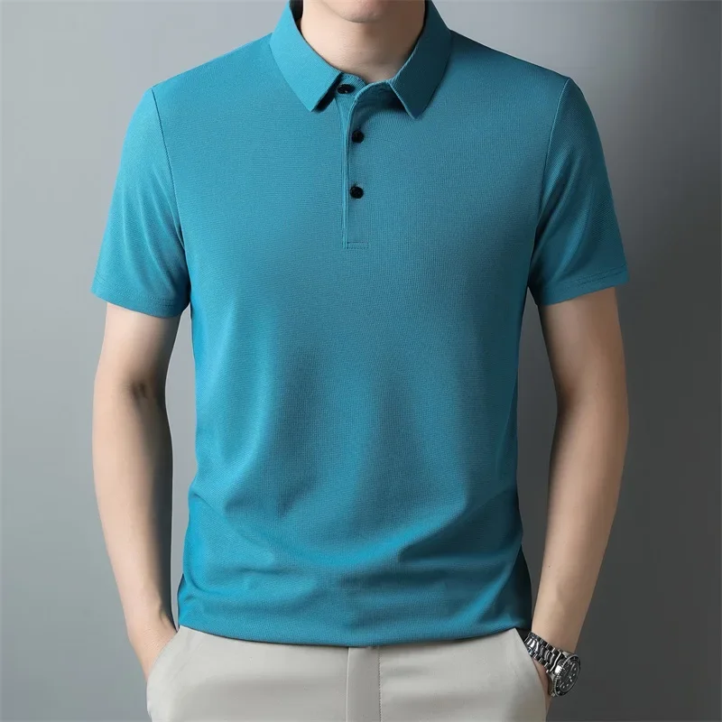 Polo da uomo a maniche corte tinta unita waffle alla moda, top estivo traspirante e confortevole - immagine 3