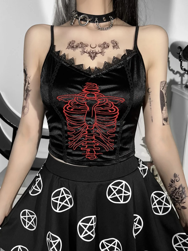 Gothic Skull Embroidery Black Camis Y2K Harajuku Sexy V Neck Lace Tirm Crop Tops Women Backless Summer Skinny Camisoles silk camisole