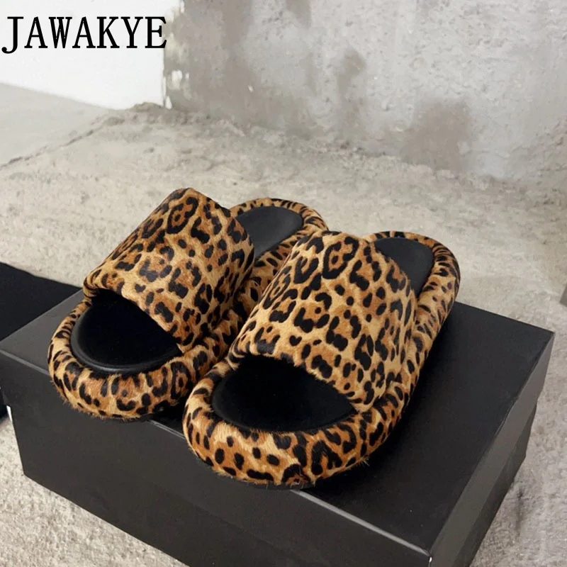 

Popular Brand Leopard Print Fur Shoes Flat Platform Comfortable Shoes Flat Heel Wool Slides Women's Casual Beach Slippers