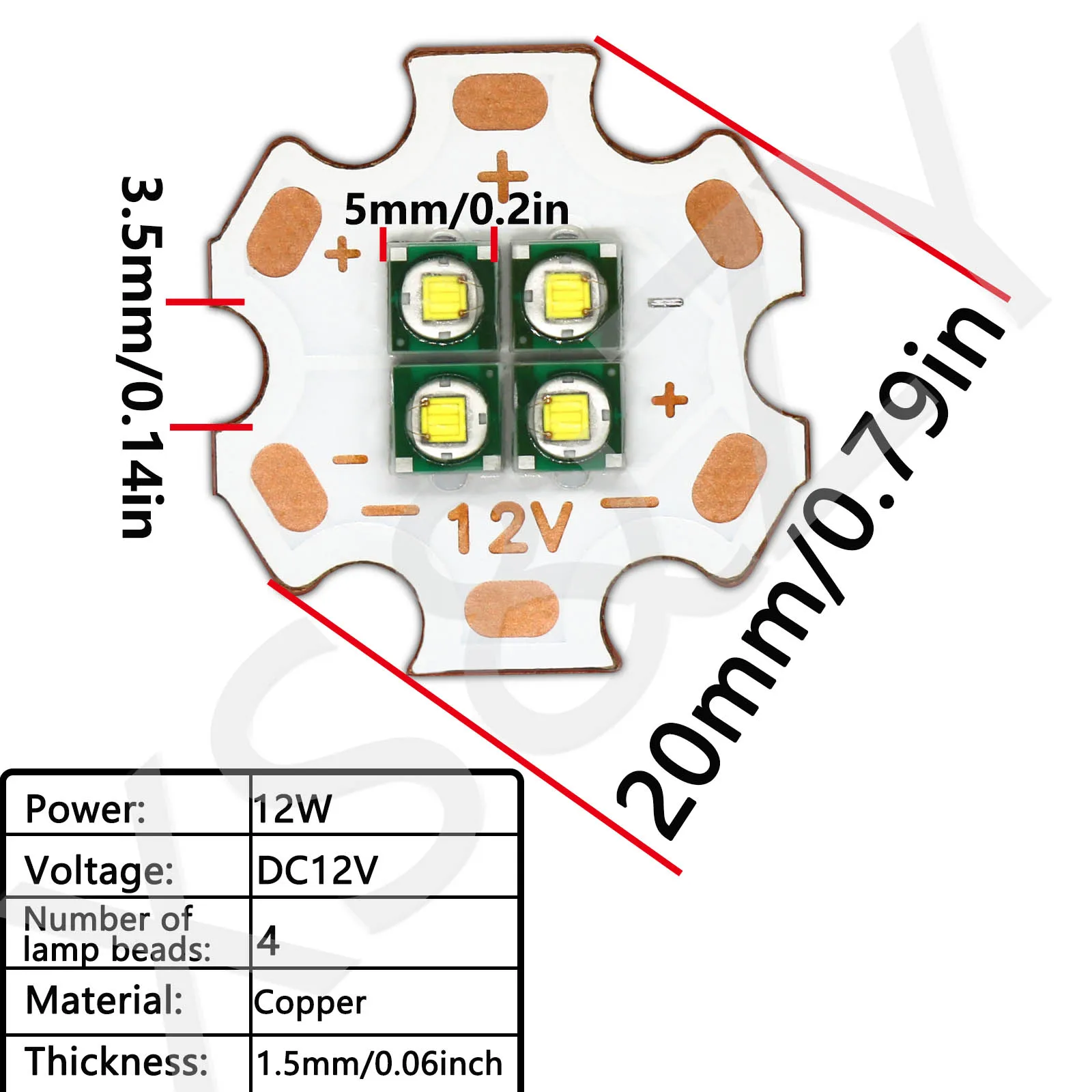 LED 비즈 토치 손전등 교체용 구리 3535, 자동차 헤드라이트 조명 DIY, 고출력 백색 다이오드, DC12V, 12W, 20mm