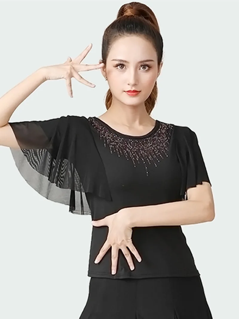 

Women Flare Sleeve Ruffles Mesh Dance Dress Top Social Latin Dance Practice National Rumba Samba Standard Dancewear Performance