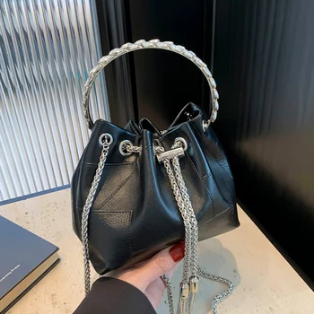 Handle Rhinestones Clutch Bag Silver Black Shoulder Bag For Women Brand Designer Handbag And Purse 2024 New Bucket Crossbody Bag