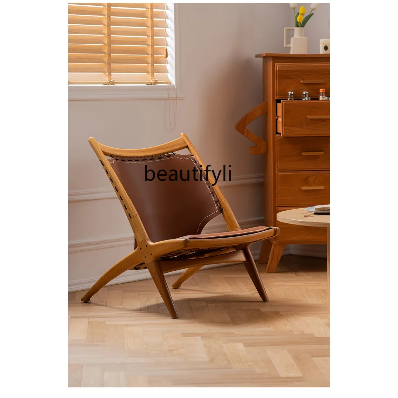 

Nordic and Japanese Style Solid Wood Single Sofa Living Room Quiet Wind Light Luxury Leisure Chair Saddle Leather Chair