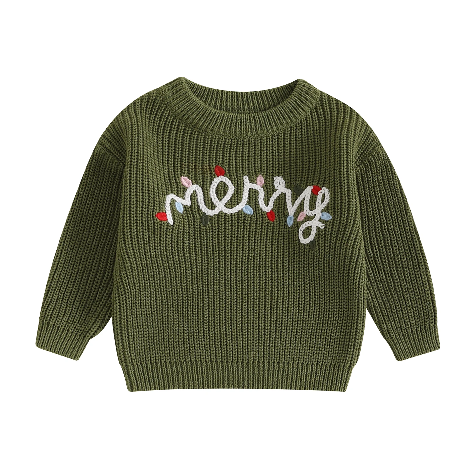 0-3Years Baby Boy Girl Christmas Sweaters Letter Light String Embroidery Long Sleeve Round Neck Chunky Pullover Warm Knitwears