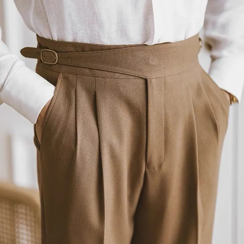 Autumn High Waist Suit Trousers for Men Business Casual Gentleman Straight Brown Pants Retro Drape Office Dress Pants Men 2