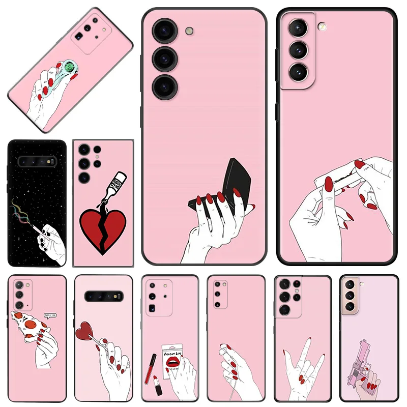 Custodie Morbide Per Samsung S24 Ultra S22 S21 S20 S10 Plus S23 Fe Cartoon Pink Hand Gesture Galaxy Note20 Cover Nera Opaca