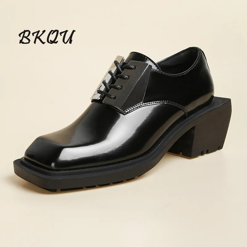 BKQU 2024 New Trend Men's Design Sense Metal Decorative Derby Shoes Square Head Small Leather Shoes High Quality