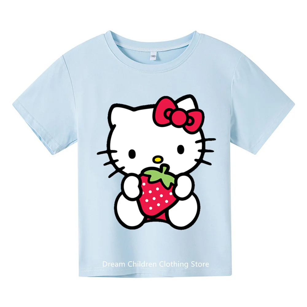 

Кавайная детская спортивная одежда с коротким рукавом Hello Kitty, новинка, Sanrio, с круглым вырезом и коротким рукавом, модная аниме мультяшная повседневная одежда