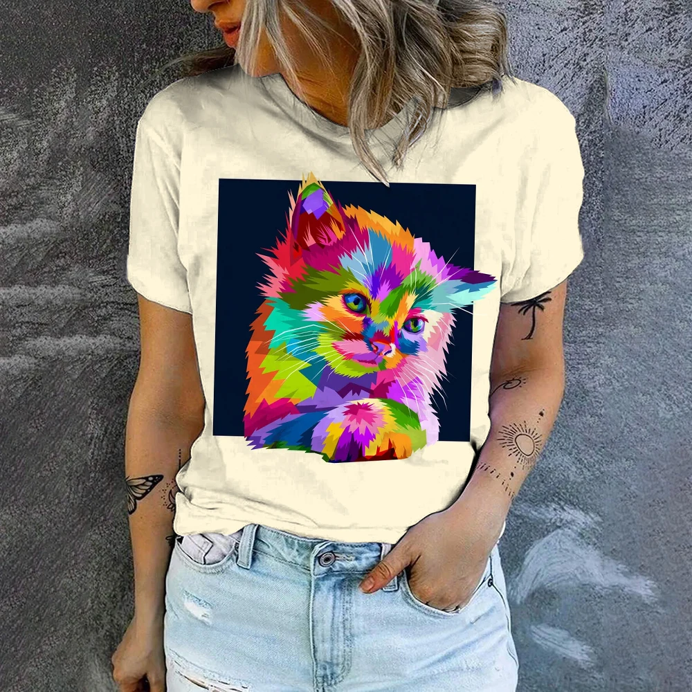 Casual Sports Comfortable O-Neck Short Sleeve Top Summer New Loose Breathable T-shirt Fashion Cat Print Women Short Sleeve