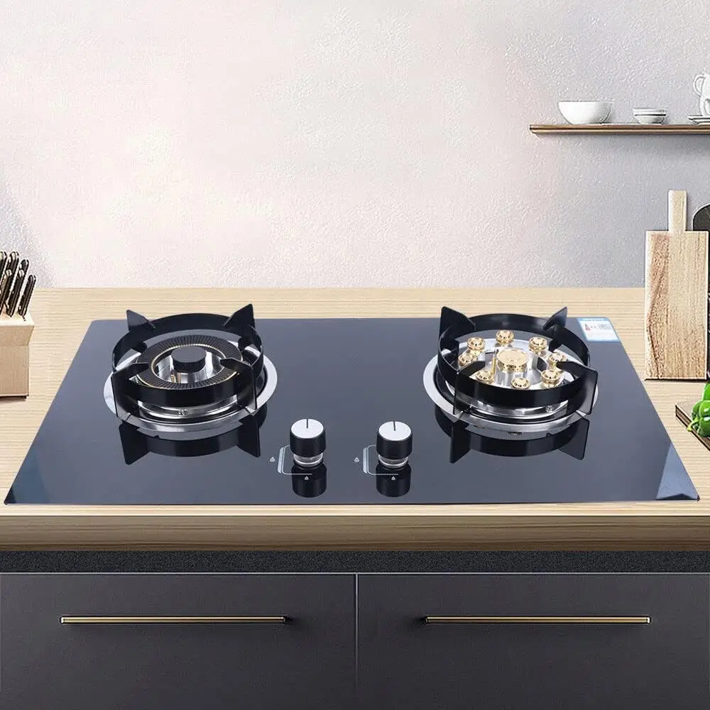Cooktop with 2 Metal Knob, Burner Gas Stovetop Stainless Steel Built-in Hob, Built-in Natural Gas Cooker Stove