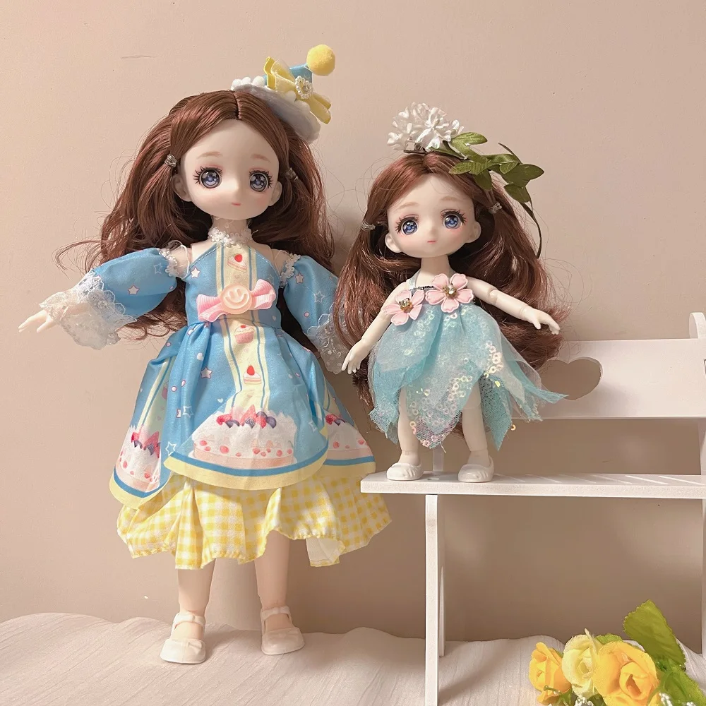 

2 dolls BJD Mini Doll 13 Movable Joint Girl Baby 3D Big Eyes Beautiful DIY Toy Doll with Clothes Dress Up 1/12 Fashion Doll