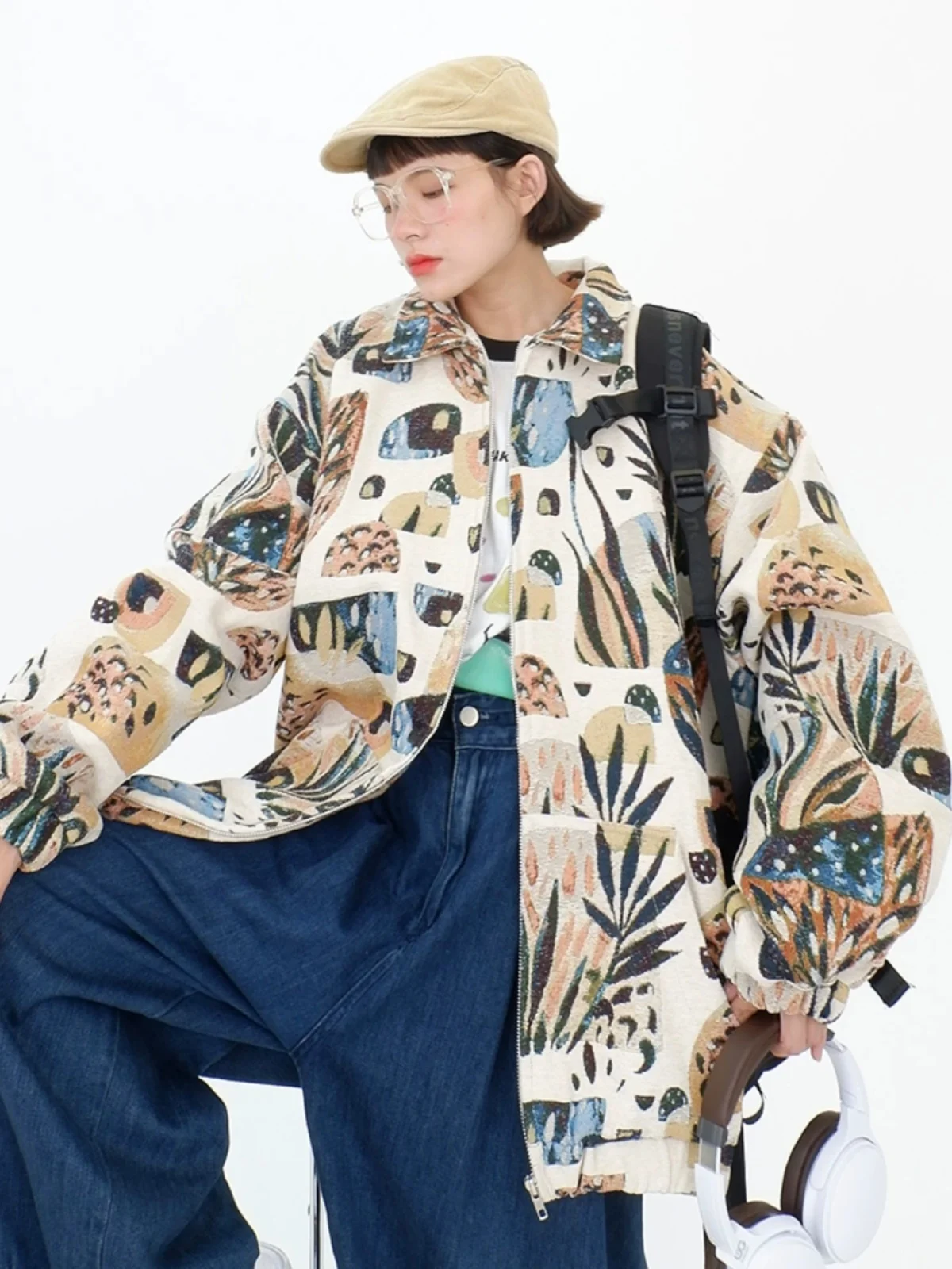 All over printed plant zipper COATS for women's autumn 2023 new loose fitting bf retro original style jacketS