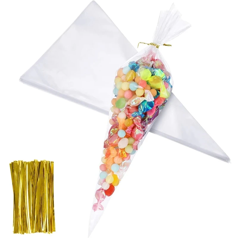 Plastic Bags Clear Cone Candy Bags Food Snack Packaging With Ties Wedding Birthday Party Favors Decoration DIY Gift 50Pcs