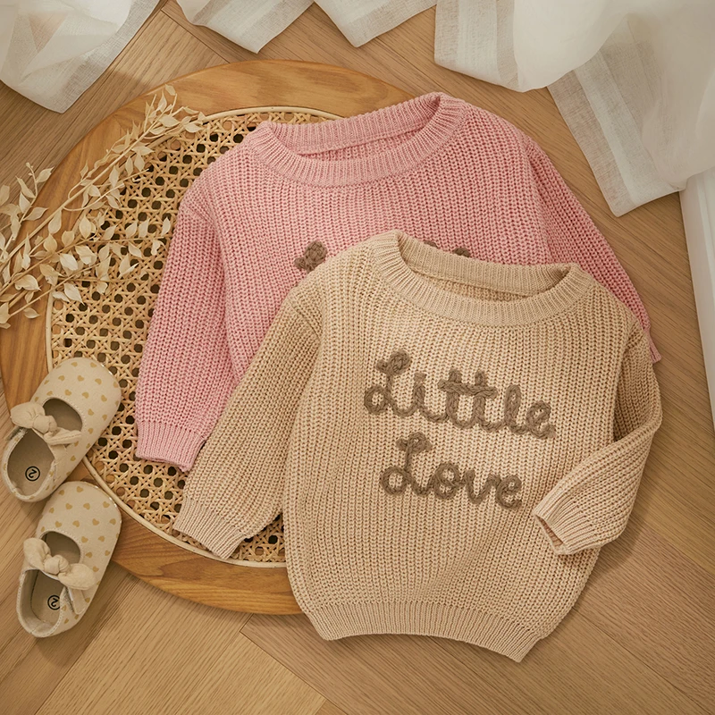 Autumn New Baby Boys Girls Knit Sweater Long Sleeve Crew Neck Letters Winter Warm Crochet Infant Pullover