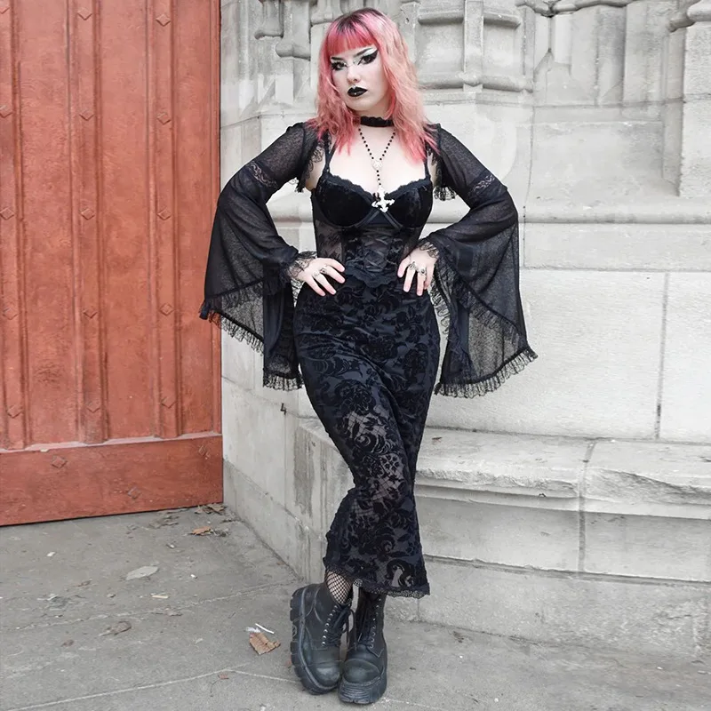

Gothic DressFall Season 2023 New Gothic Style Dark Lace Lace Velvet Jacquard Halter Dresses Women'sGoth dress