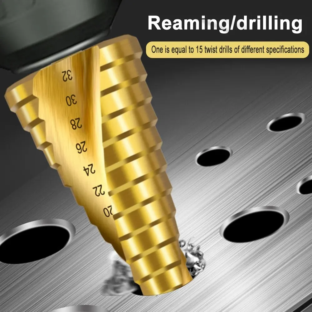 육각 생크 나선형 그루브 티타늄 코팅, 파고다 스타일 스텝 드릴 비트, 3 피스, 4-12/4-20/4-32
