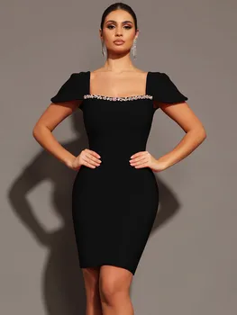 Women Celebrity Sexy Square Collar Black Red Mini Bodycon Bandage Dress 2024 Knitted Elegant Evening Club Party Outfit 6