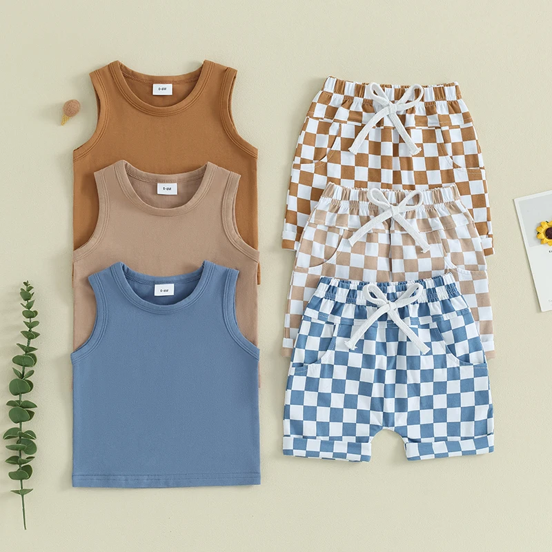 2023-12-09 lioraitiin Summer Baby Boy Clothes Solid Sleeveless Tank Top Checkered Shorts 2Pcs Outfit Set 1