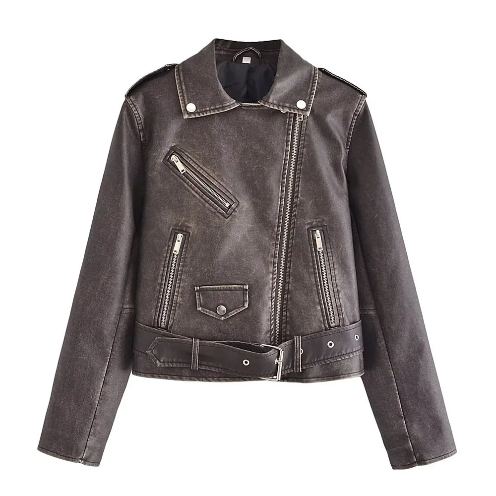 

Autumn new fashion women's retro handsome high street all-match lapel long-sleeved washed leather worn old motorcycle jacket