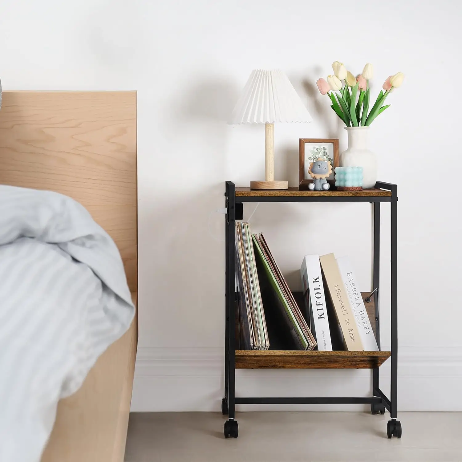 Recorder stand with vinyl storage side table, 2-story recorder table with charging station, and classified storage 2