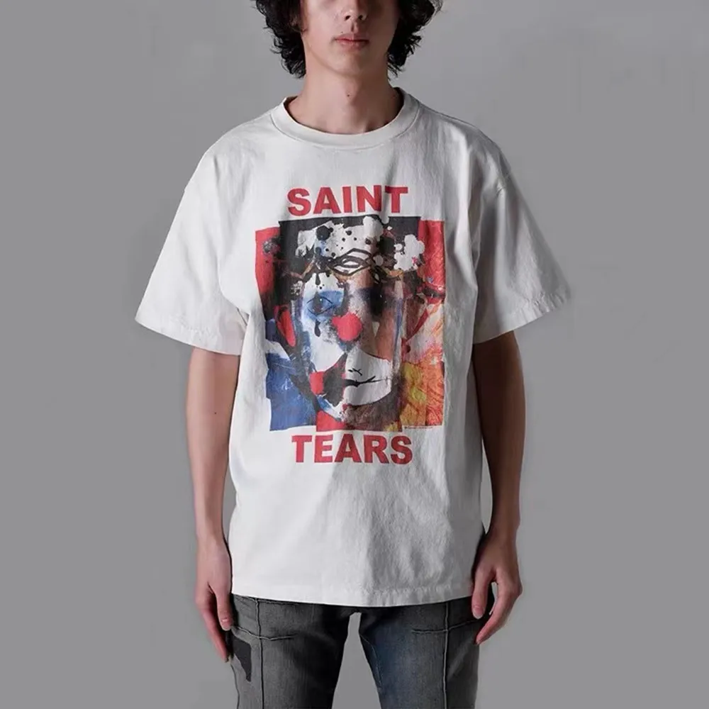 

Kanye666 Leisure Best Quality SAINT TEARS Funny Graffiti Printed Pattern 100％Cotton Loose Men Oversized T-Shirt Tops Tees Women