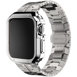 Premium Stainless Steel and TPU Apple Watch Strap with Case for 49mm (Titanium Color-S)