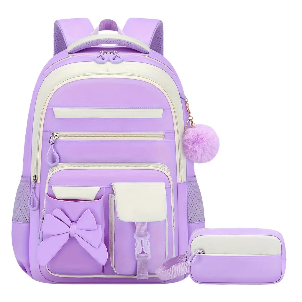 Girls School Backpack Spine Bow School Bag Set Spine Backpack Colorful Color Block Backpack For School Daily Campus Use 3