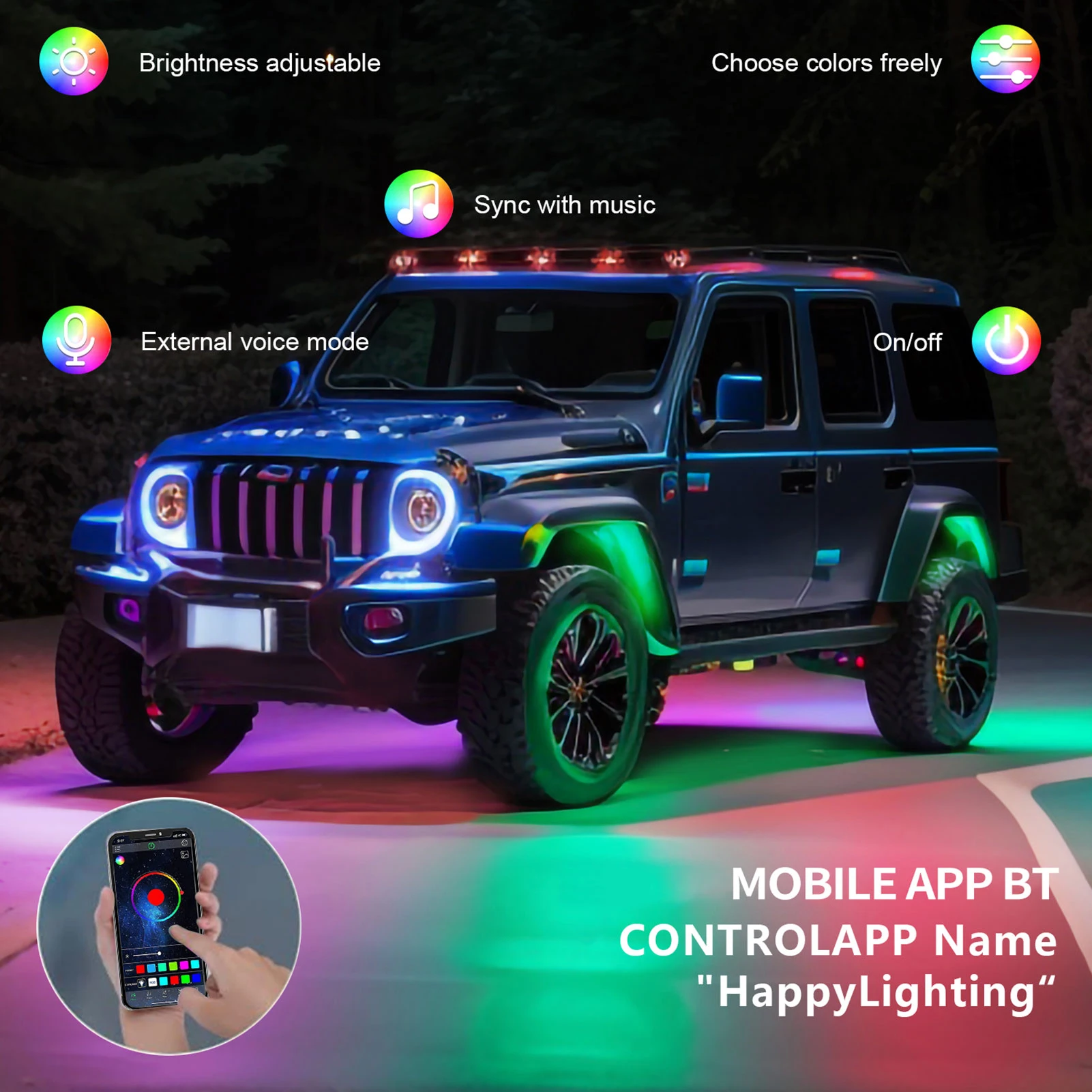 

LED Light Kits Colorful Car LED Light APP Control Light Strips IP68 Waterproof Brightness Adjustment BT 5.0 Connection