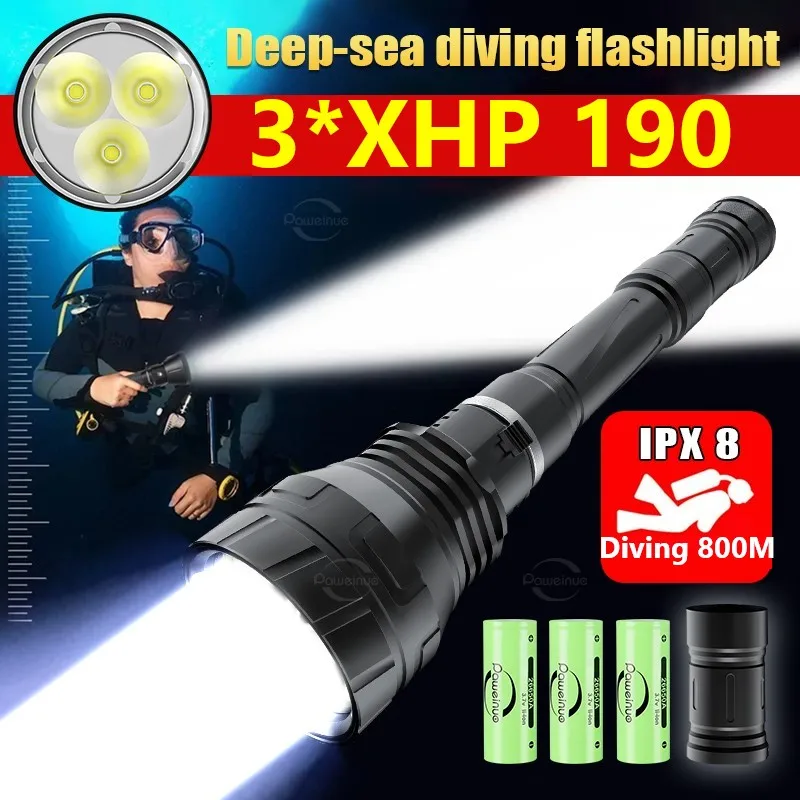 2023 New 3*XHP190 Diving Flashlight  Super Bright Underwater Lighting Lantren Powerful Professional Diving Flashlight 800m Light