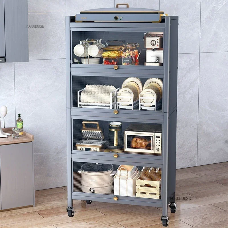 Multifunction Storage Cabinet Nordic Carbon Steel Kitchen Cabinets Home Multi-layer Microwave Oven Floor Rack with Flip Door H 5