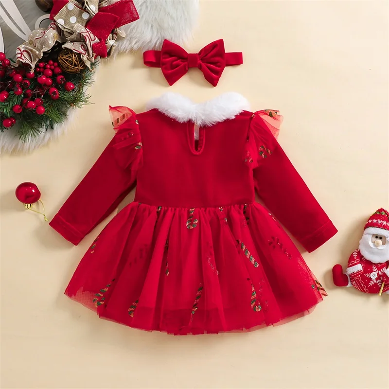 3M-3Y Baby Girls 2Piece Christmas Outfits Ruffled Long Sleeve Plush Round Neckline Tulle Dress + Bow Headband Set Infant Clothes girls dress baby girl dress