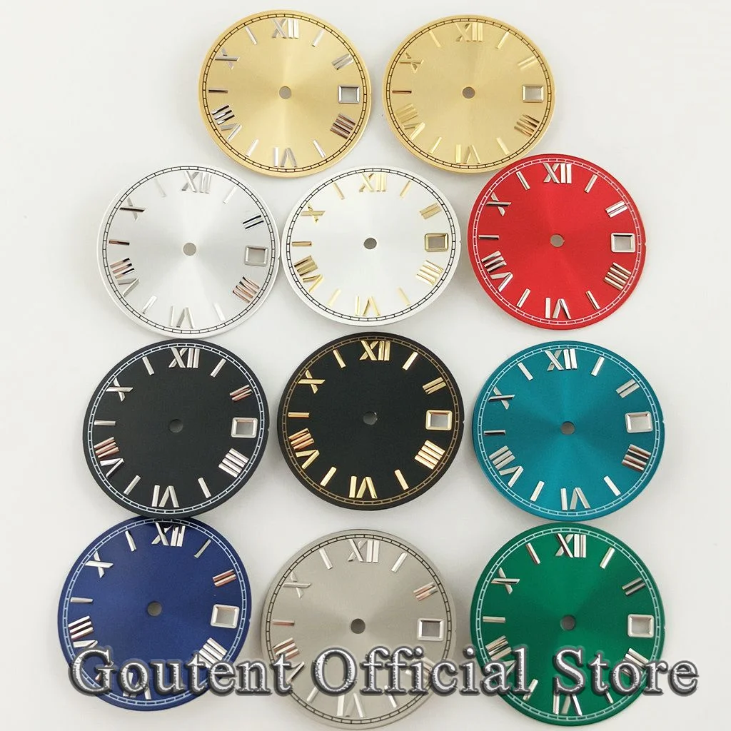 Watch Face Accessories Watch Dial Accessories Goutent 28.5mm Roman Numeral Black Blue Green Red Sterile Watch Dial Fit NH35 Movement Calendar Window