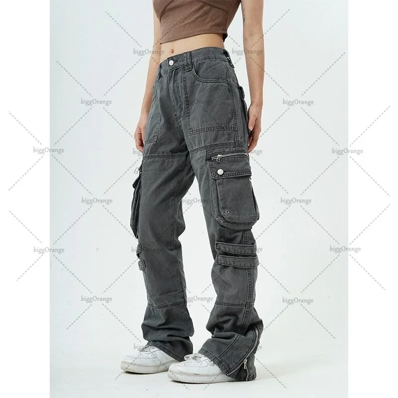 

High Street Multi-pocket Solid Color Overalls Women 2023 American Retro Loose Straight High Waist Floor Mopping Casual Trousers