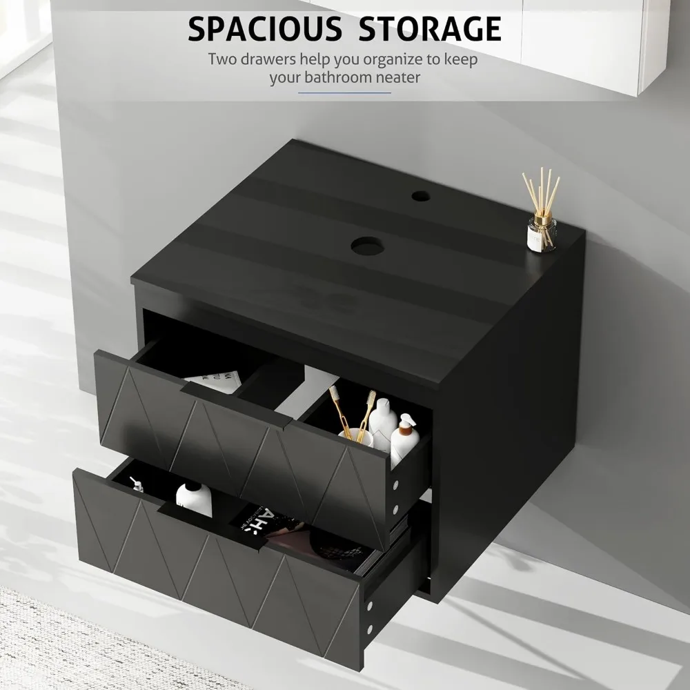 24" Bathroom Vanities Cabinet with Sink Combo, Wall Mounted Floating Cabinet , Champagne Boat Tempered Glass Vessel Sink 5