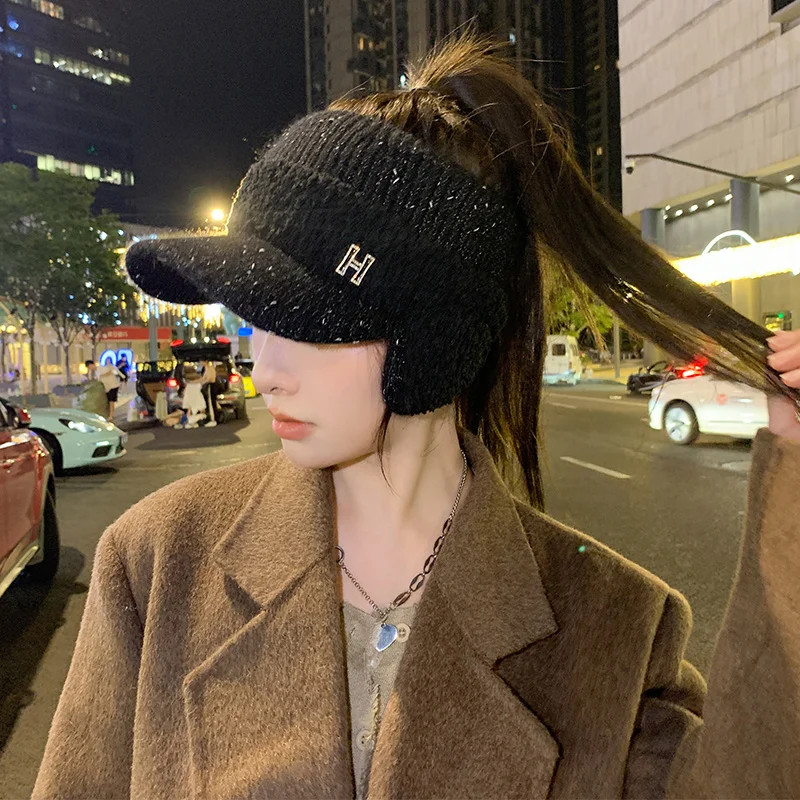 Fashion Trend With Earflaps Empty Top Baseball Caps Lambswool Knitted Women's Hat Autumn Winter Thicker Warm Cap baseball cap