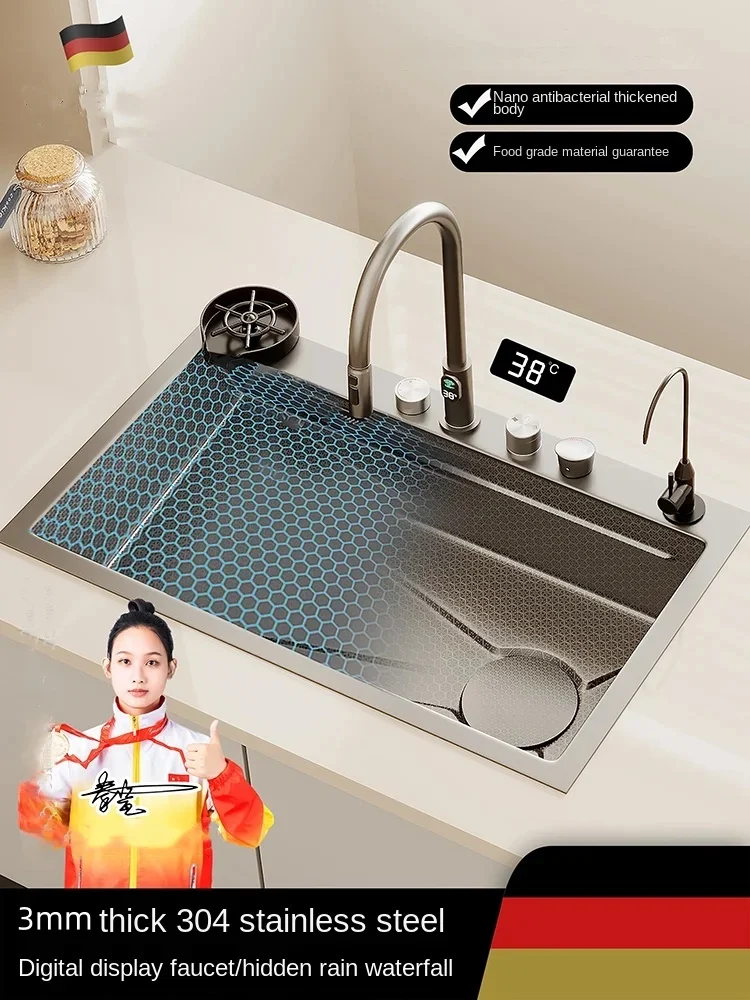 Waterfall Digital Display Kitchen Sink, Honeycomb Embossed Sink, Large Single Slot, Nano 304 Stainless Steel