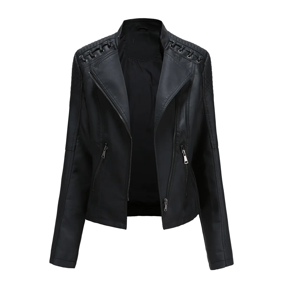 Spring Autumn Leather Jacket Women Slim Fit Motor Biker PU Leather Short Coat Stand Collar Ladies Zipper Outerwear 2024 New aimsnug 2021 new faux pu leather jackets winter cotton coats slim biker fashion top stand pockets zipper outerwear short jacket