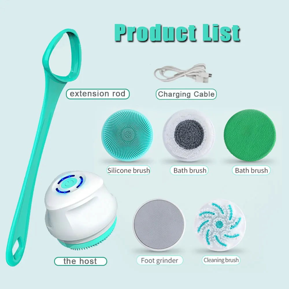Electric Body Shower Brush Back Scrubber Rechargeable Exfoliating w/5 Multifunction Cleaning Bath Brush Heads Removable Handle