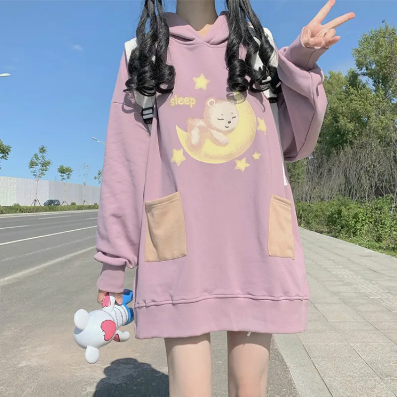 Women Harajuku Sweatshirt Cute Teddy Bear Hoodie Sweatshirts Woman Black Oversized Plush Vintage Kawaii Clothes White Streetwear