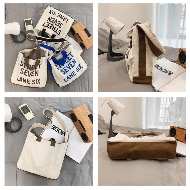 Canvas Tote Bag Letter Printing Shoulder Bags For Women High Capacity Crossbody Bag Casual Shopper Eco Bag Simple Daily Handbag